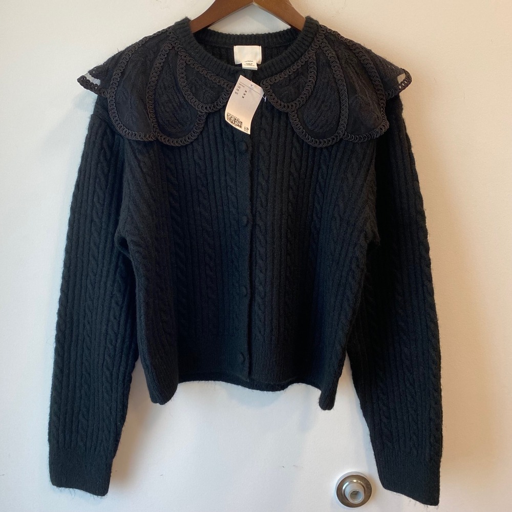 H&M Cardigan NWT M Black Lace Collar Cable Knit Button Witchy Sweater Whimsigoth